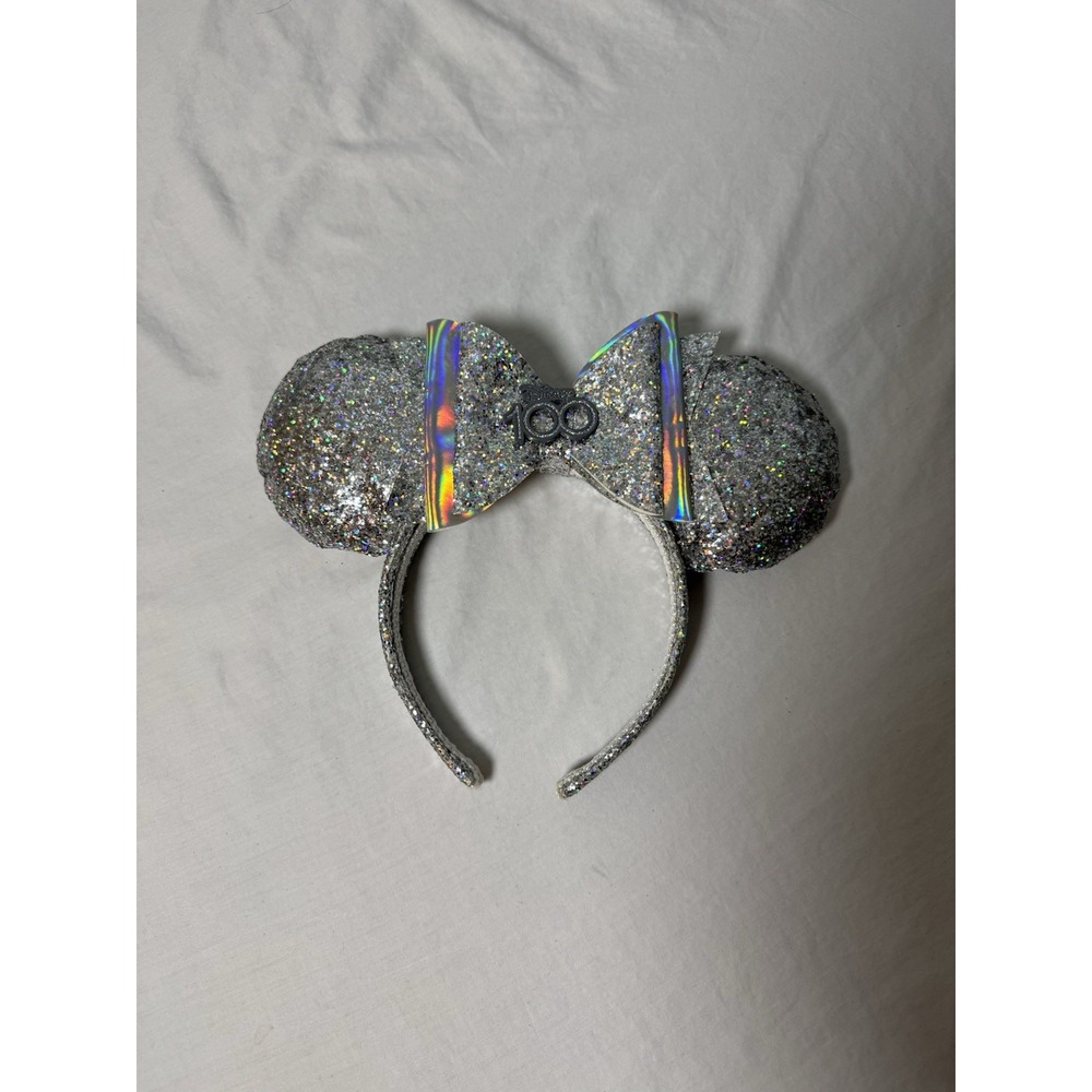 Minnie Mouse Silver Glitter Ears & Bow Walt Disney 100th Anniversary Headband